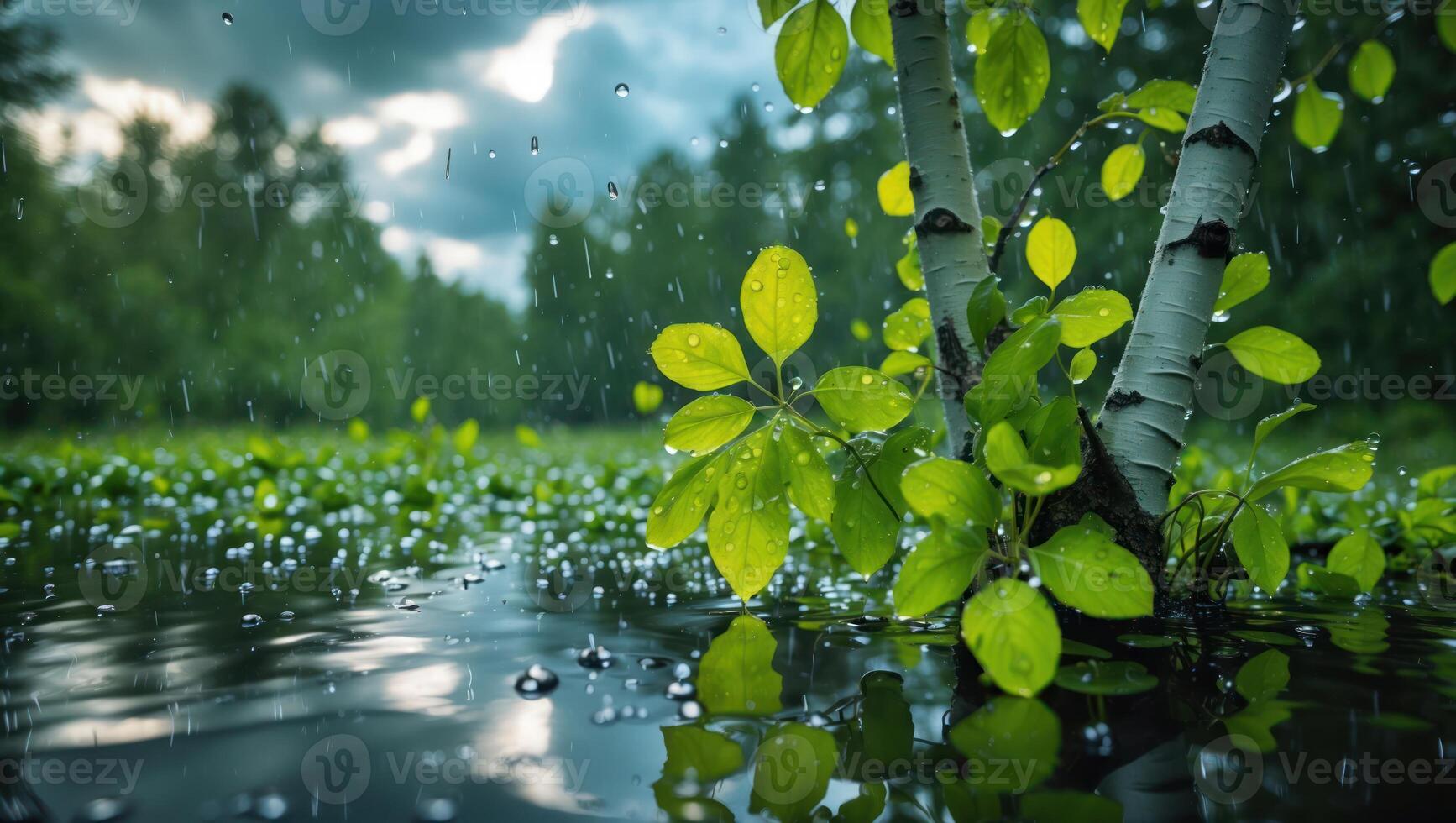 Rain Falling on Birch Tree in Water Landscape with Greenery photo