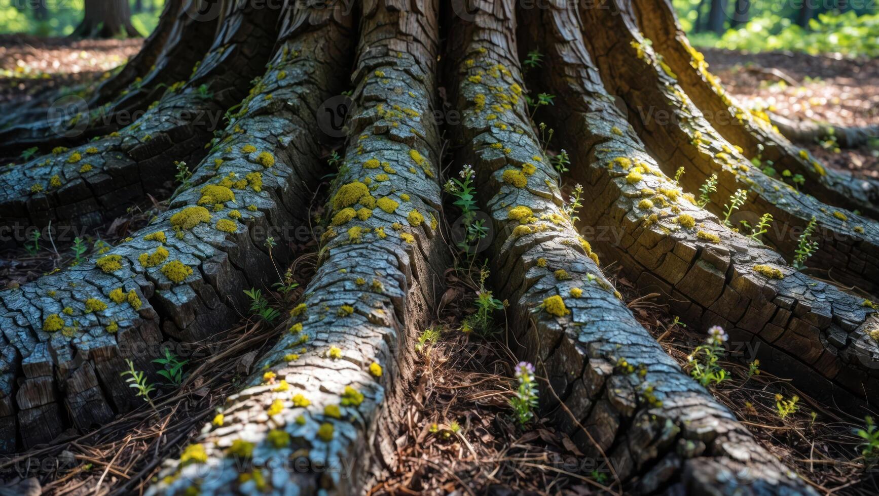 Tree Roots Spreading with Moss and Small Plants Growing Outdoors photo