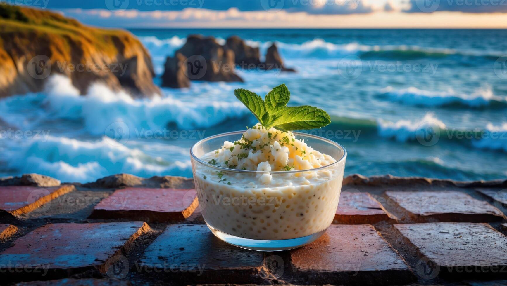 Tapioca Pudding Dessert with Mint by Ocean View at Sunset photo