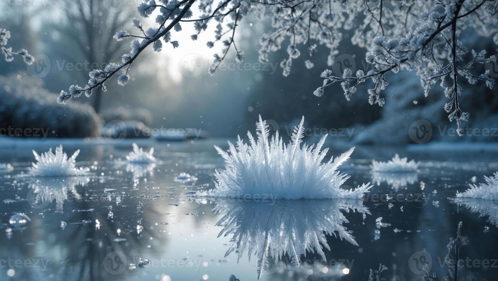 Icy Landscape Ice Crystals on Frozen Lake in Winter Scene photo