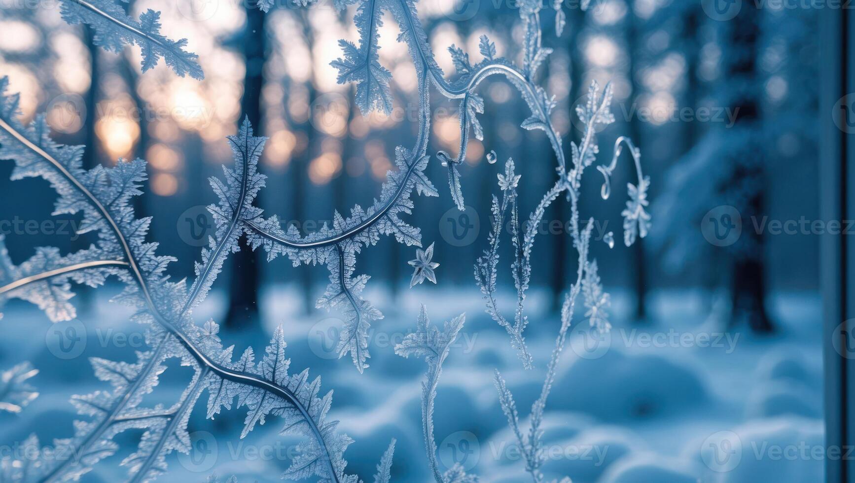 Frozen Window with Ice Crystals Winter Forest Background at Sunrise photo