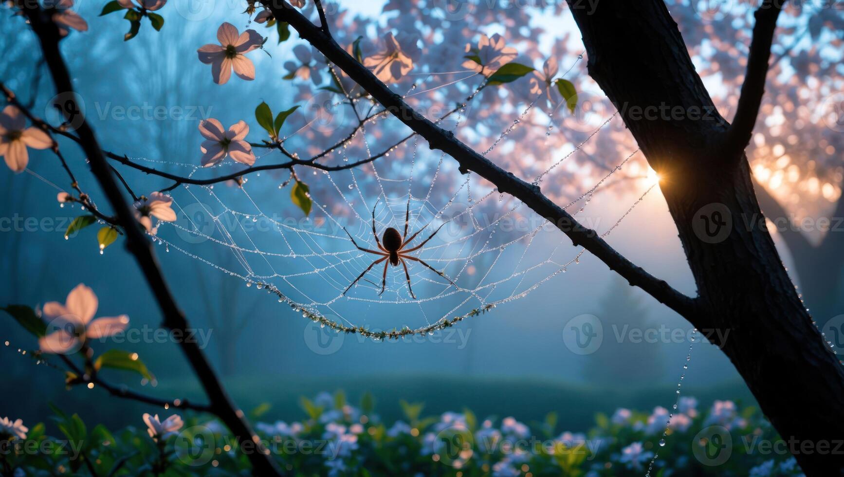 Spider Weaving Web on Branch with Morning Dew and Sunlight photo
