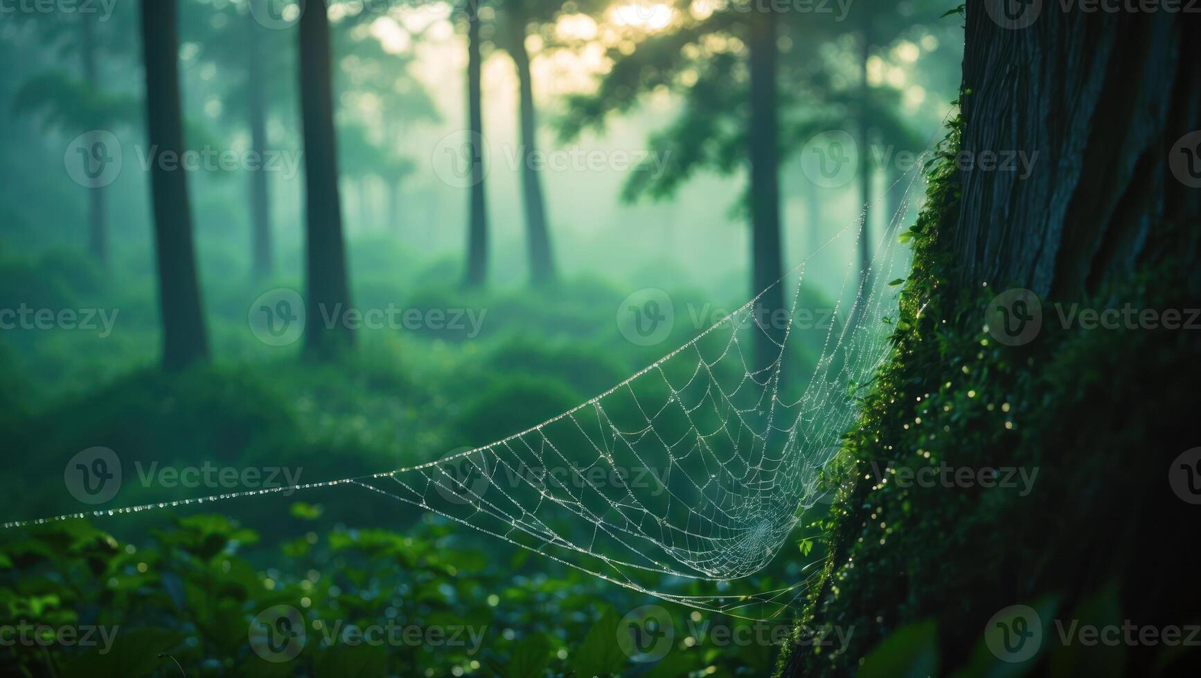 Spiderweb in Forest at Dawn with Dewdrops and Green Foliage photo