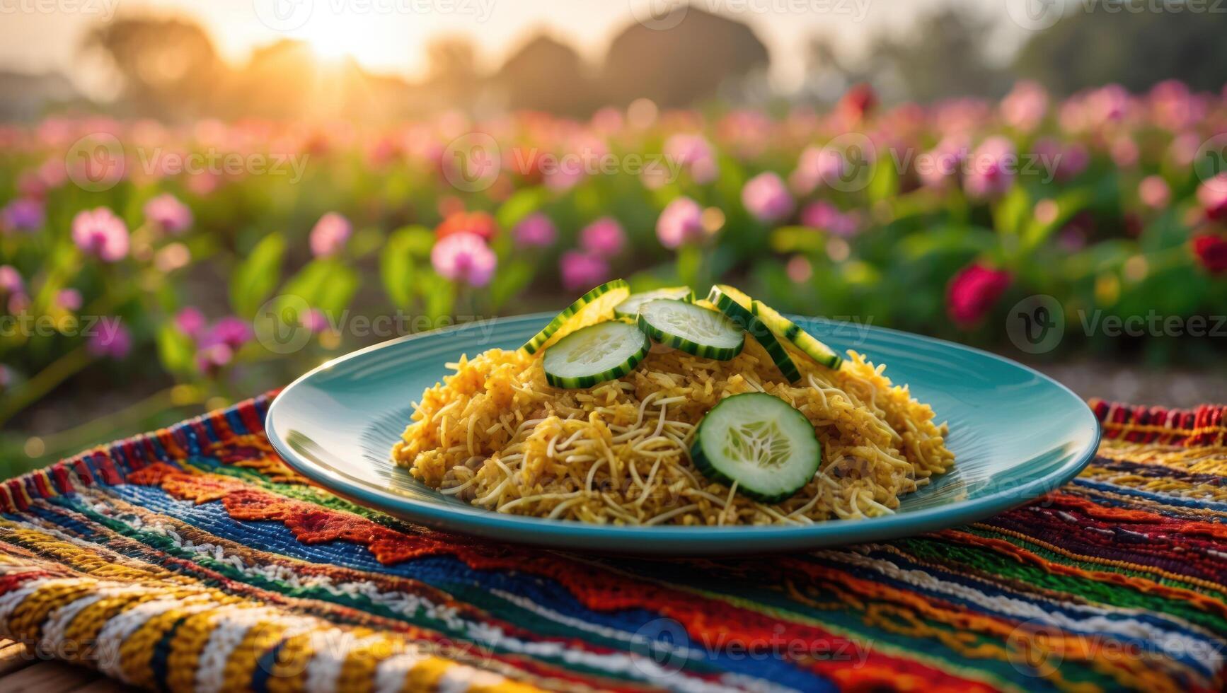 Rice Noodles and Cucumber Slices on Colorful Tablecloth in Garden Setting photo