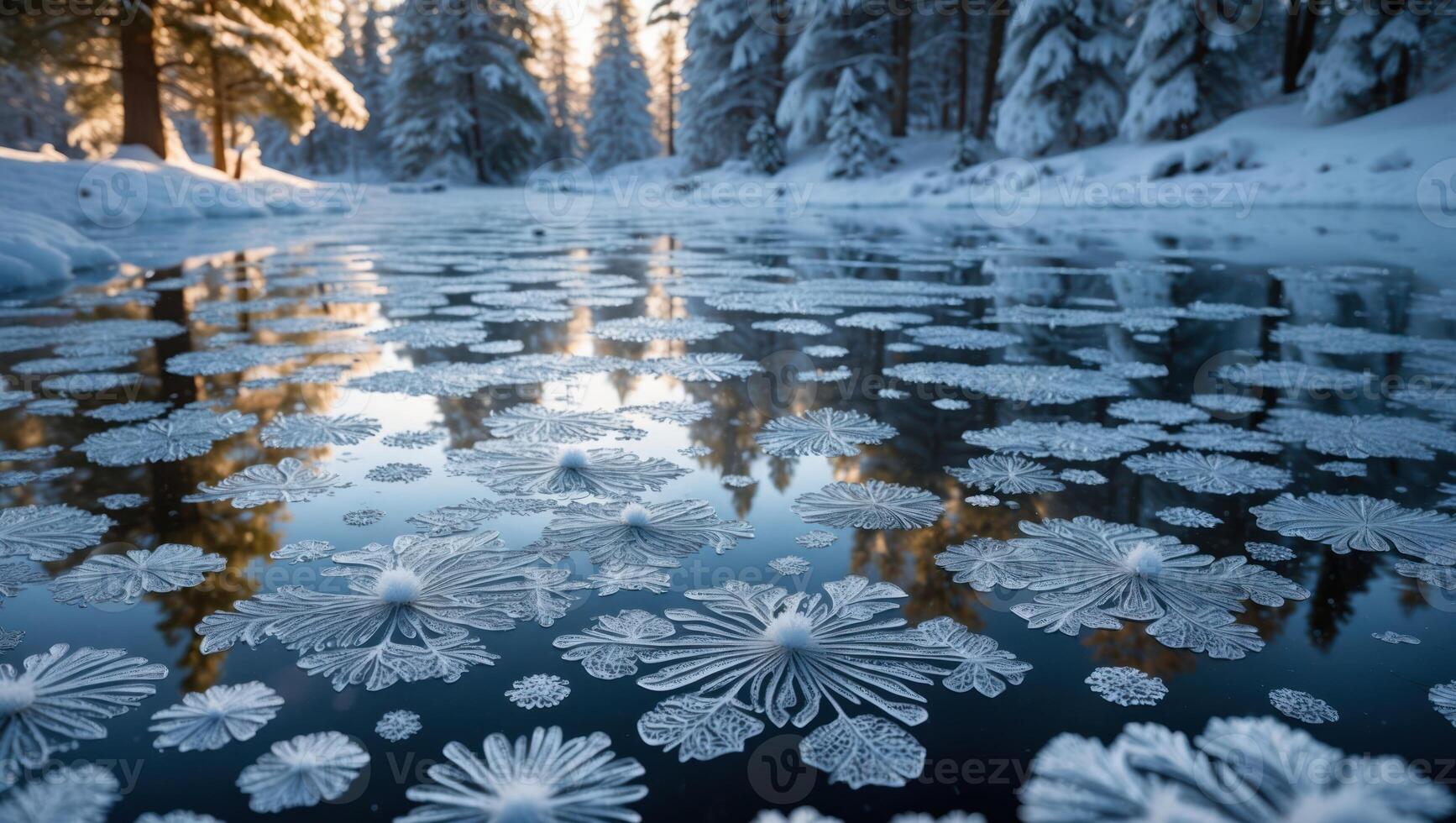 Floating Ice Flowers on Winter Lake with Snowy Forest Backdrop photo