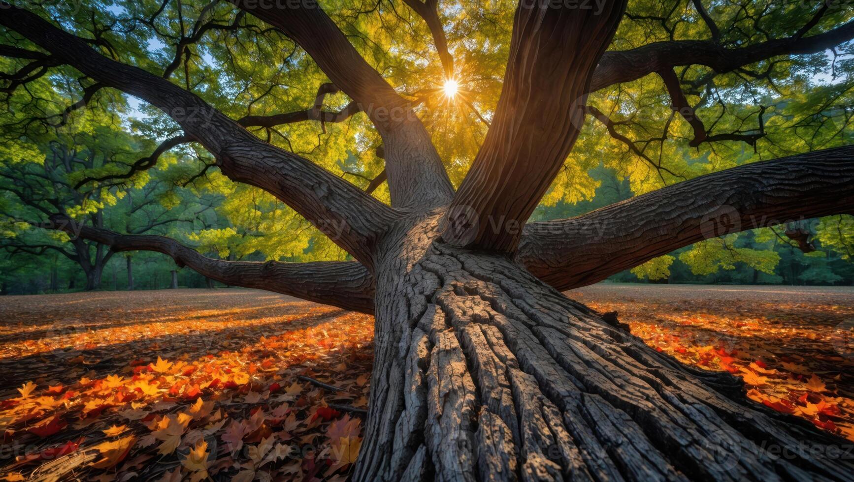 Giant Tree Trunk with Sunburst and Autumn Leaves on Ground photo