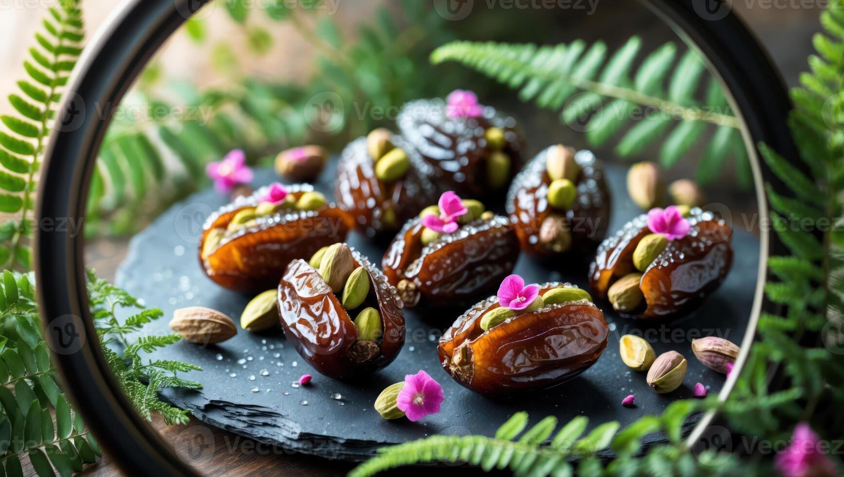 Arrangement of Delicious Dates Filled with Pistachios Garnished with Flowers photo