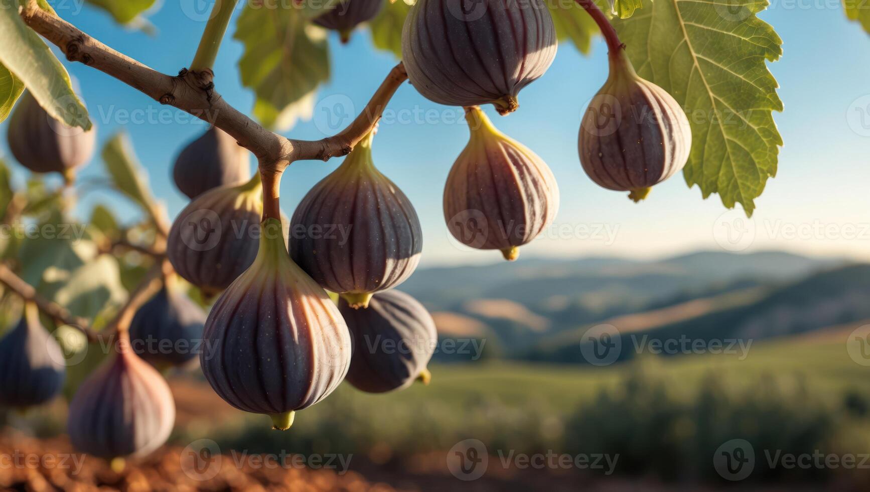 Ripe Figs Hanging on Tree Branch with Rolling Hills Backdrop photo