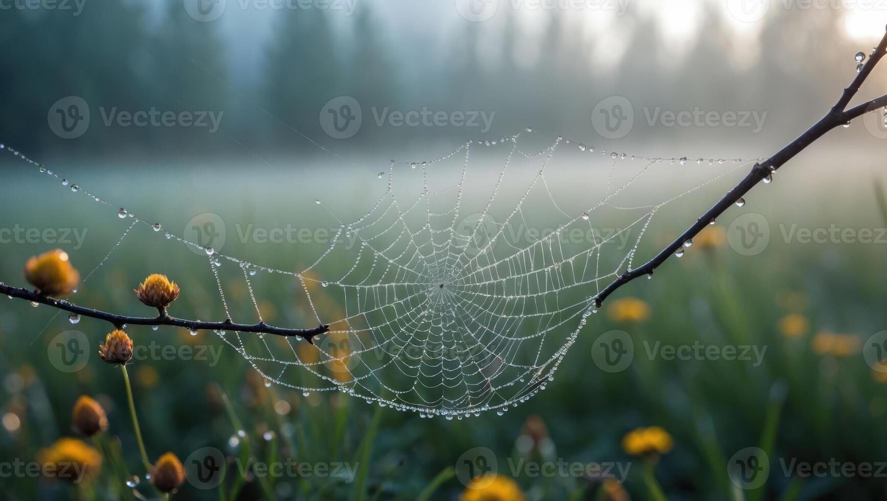 Spiderweb with Dew Drops in Meadow at Dawn Natural Macro photo