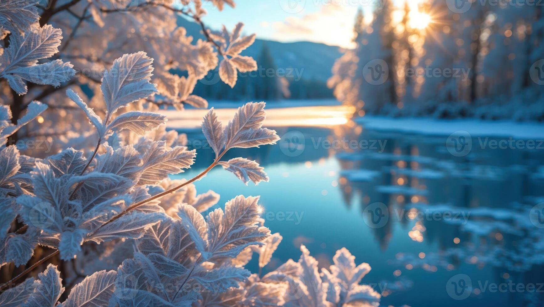 Frozen Leaves Overlooking Calm Winter Lake at Sunrise with Mountain Backdrop photo