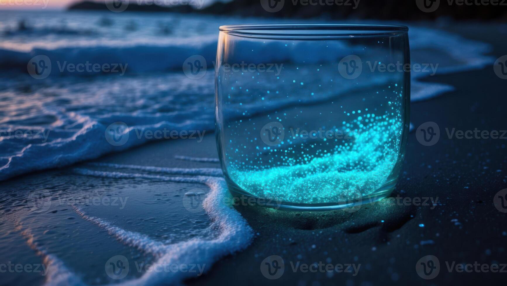 Glowing Water Inside Glass at Beach Meets Ocean Waves at Sunset photo