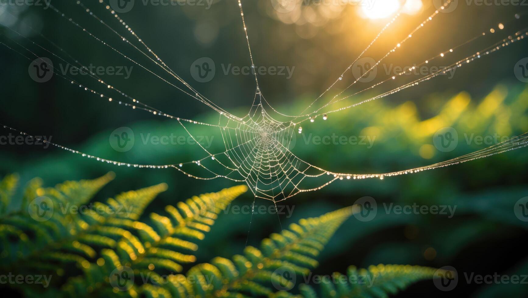 Spiderweb Covered in Dew Drops with Fern Fronds and Sunlight photo
