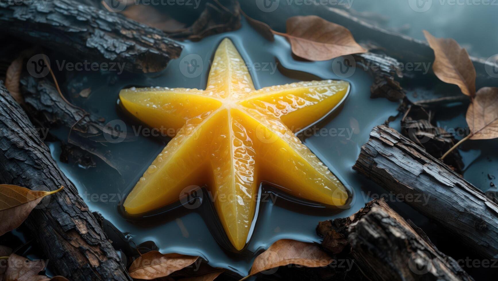 Star Fruit Floating on Water Among Fallen Leaves and Branches photo