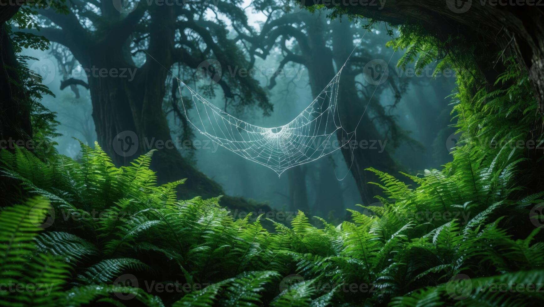 Spiderweb Hanging in Misty Forest with Ferns Growing on the Ground photo
