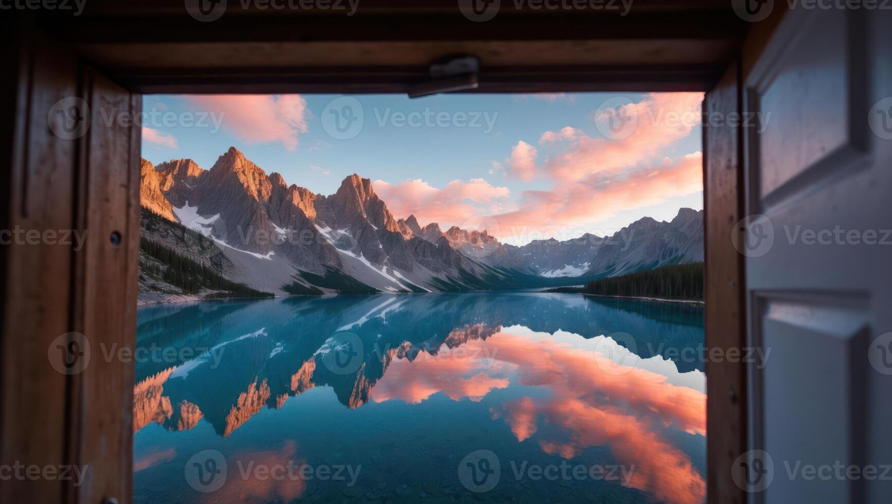 Mountain Reflection Seen Through an Open Window During Sunset photo