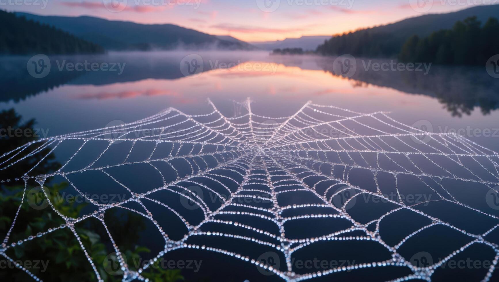 Dew Covered Spiderweb Over Water at Dawn with Mountain View photo