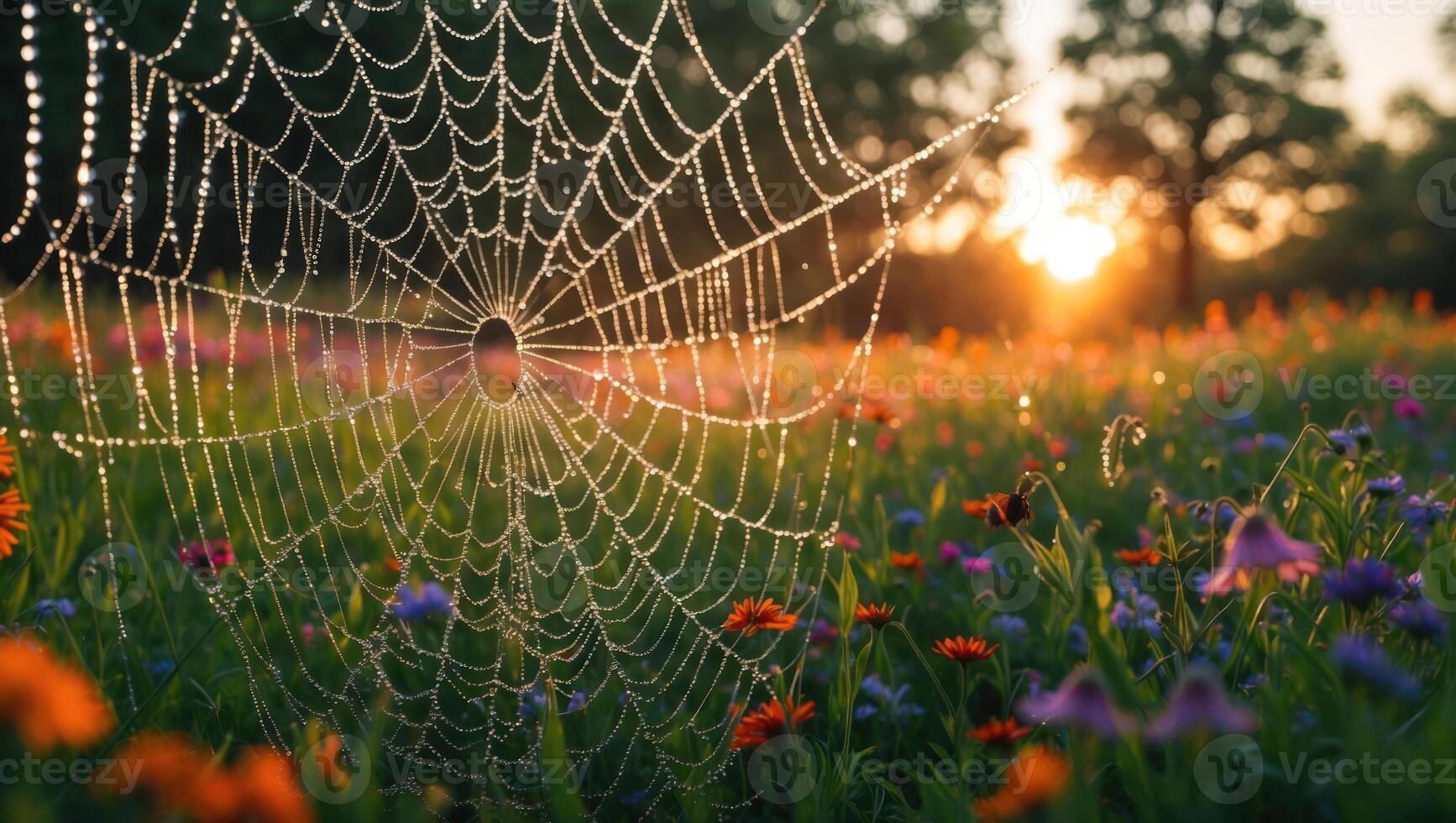 Dew Covered Cobweb in a Wildflower Meadow at Sunrise photo