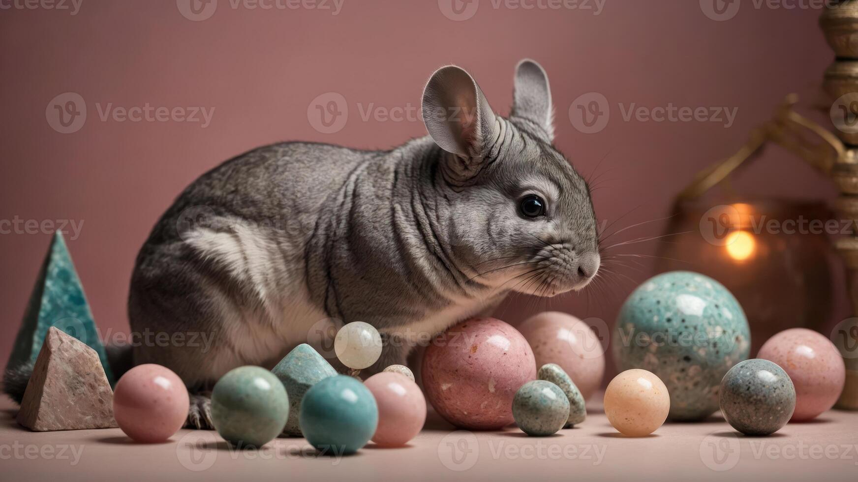 Chinchilla Sitting Among Decorative Spheres and Pyramids photo