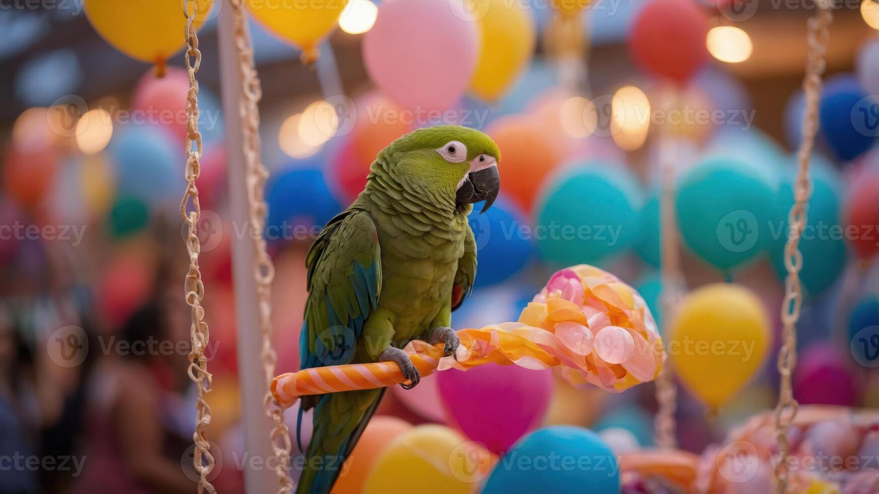 Parrot Perched on Swing with Colorful Balloons Backdrop photo