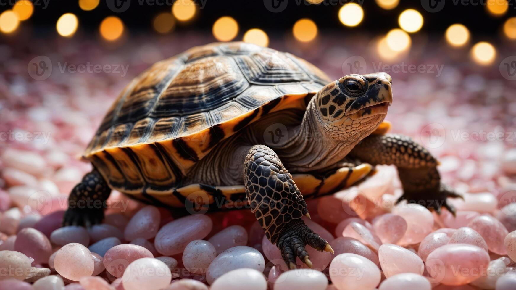 Turtle Walking on Stones with Bokeh Lights in Background photo