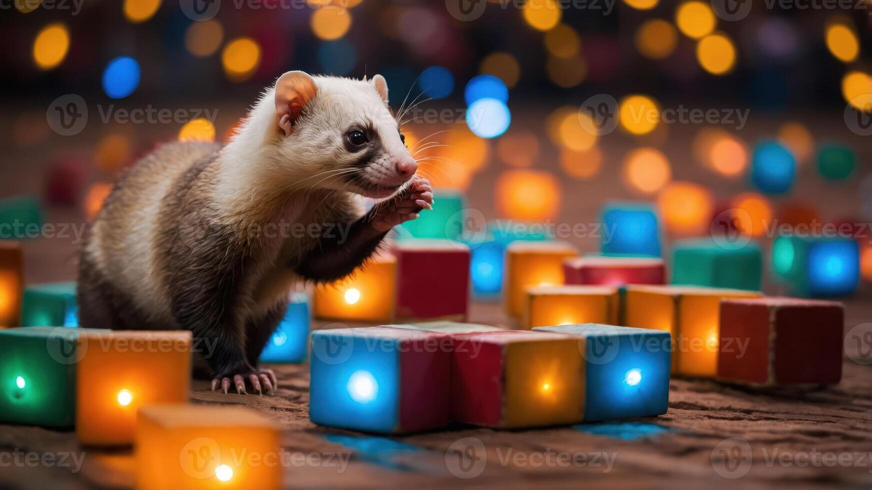 Ferret Standing with Illuminated Decorative Blocks photo