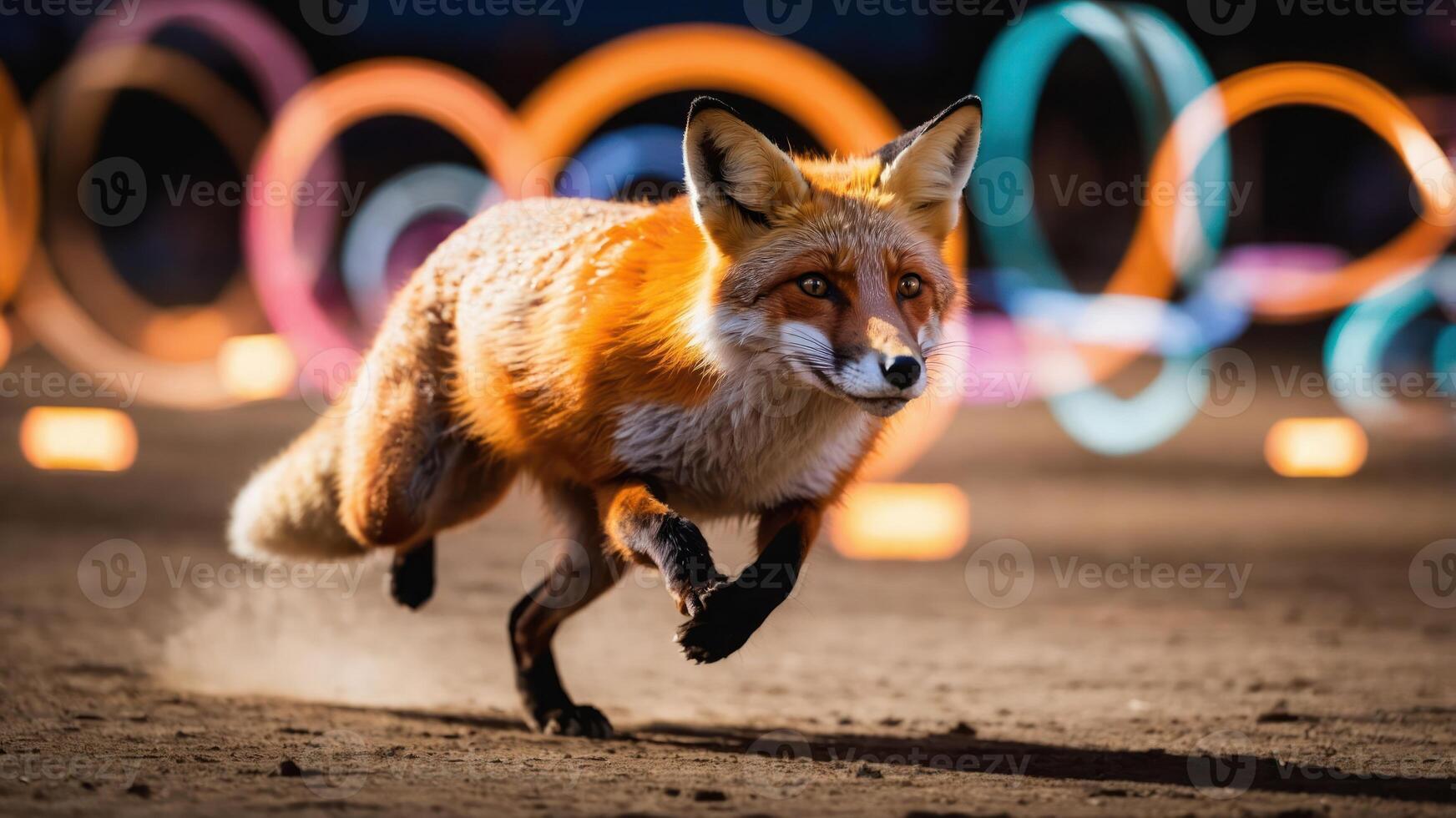 Fox Running Fast with Colorful Circles Background photo
