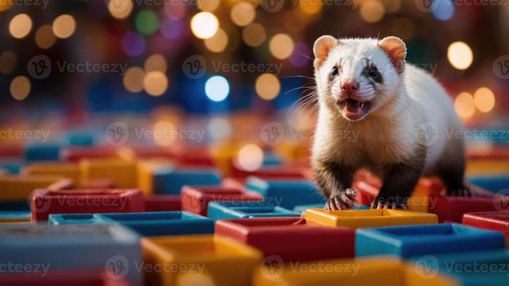 Ferret Standing on Colorful Blocks with Festive Lights photo