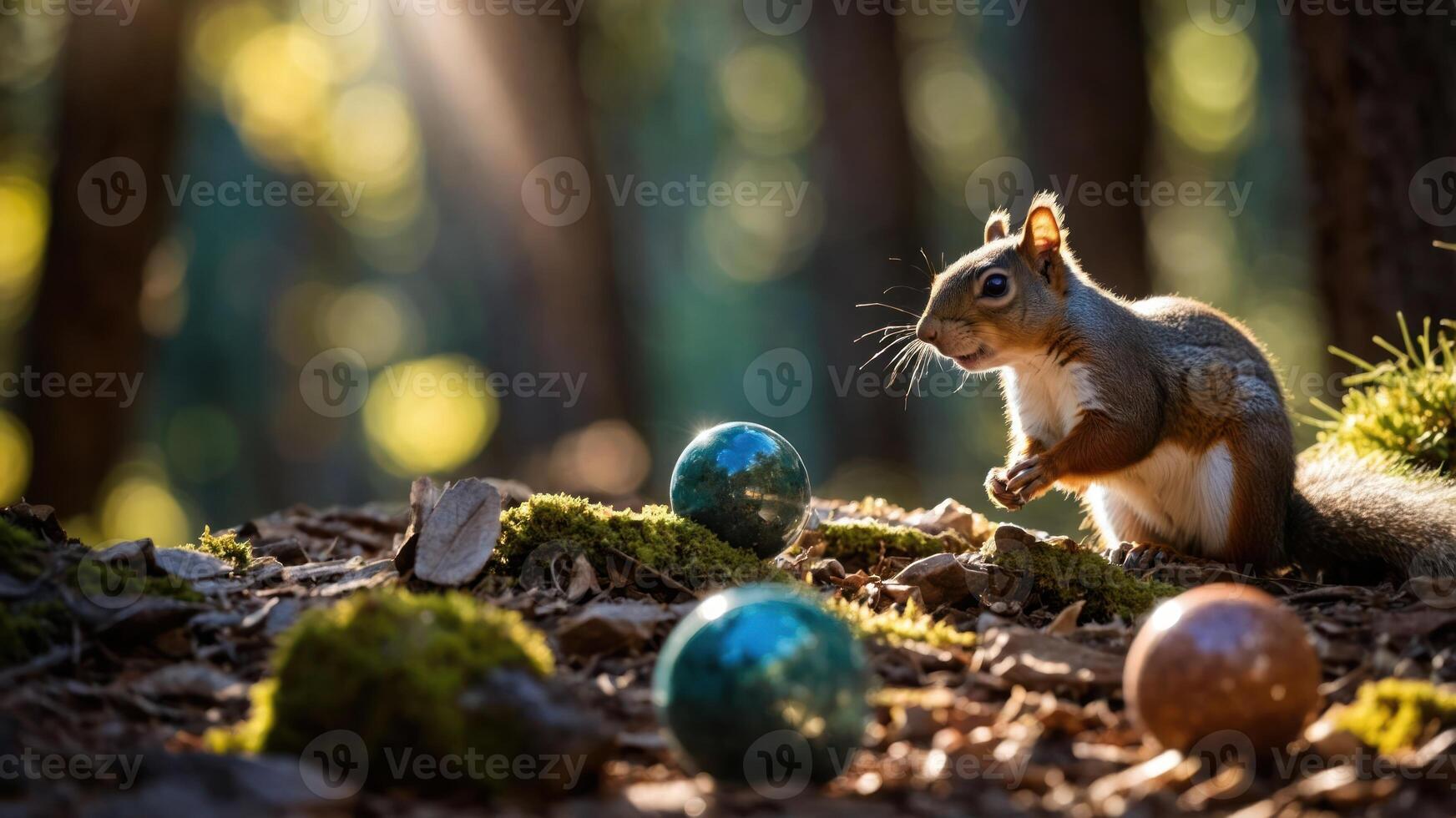 Squirrel Looking at Marbles in Forest with Sunlight photo