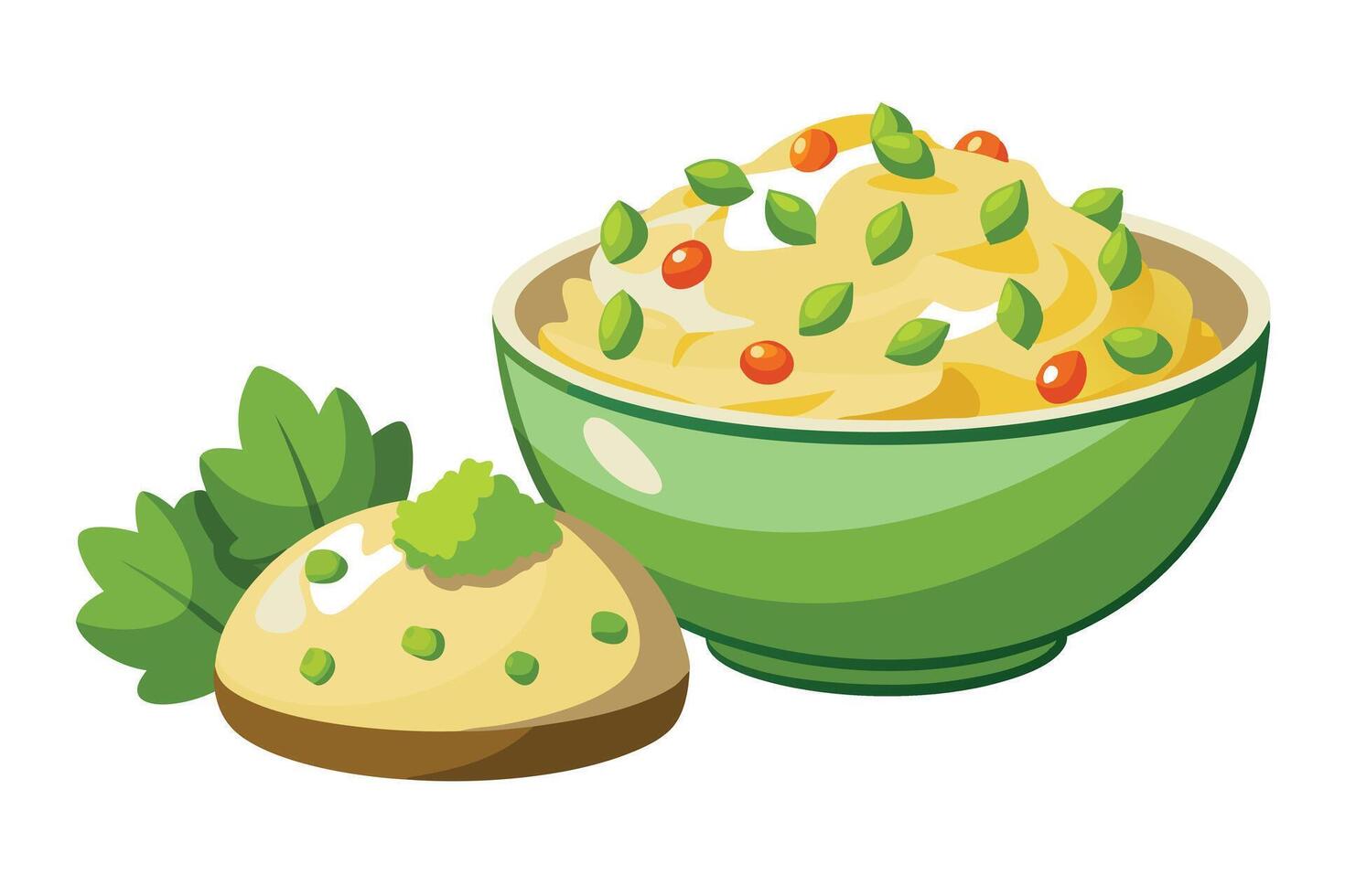 A colorful illustration of a bowl of creamy dip with bread. vector