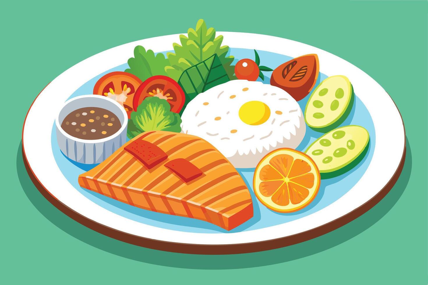 A colorful illustration of a delicious salmon dinner plate. vector