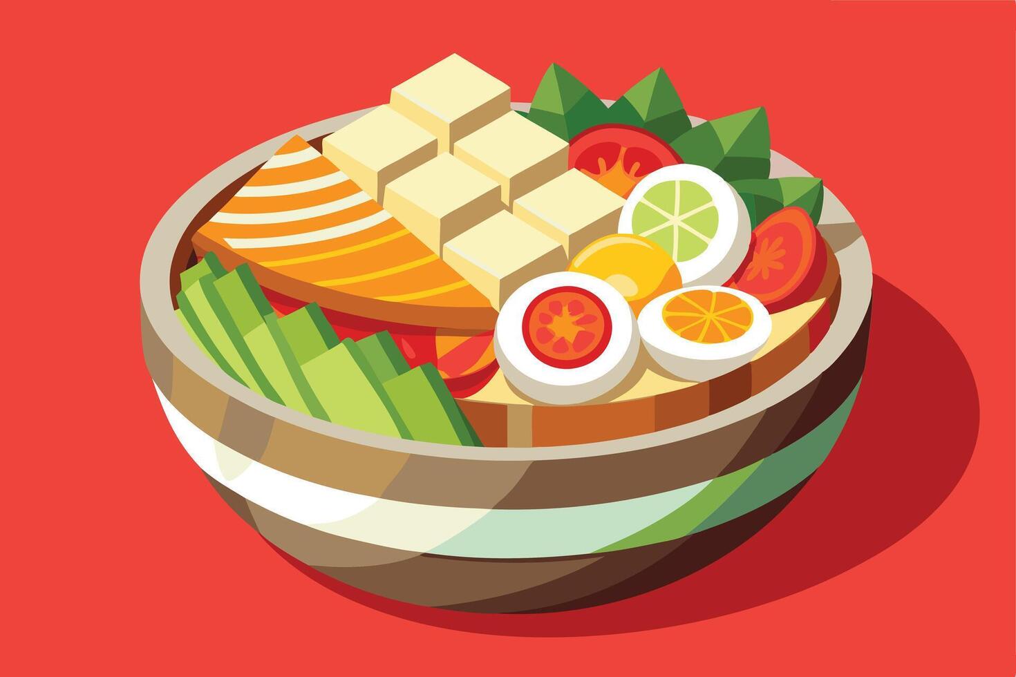 Colorful and Healthy Mixed Bowl with Tofu, Fish, and Vegetables vector