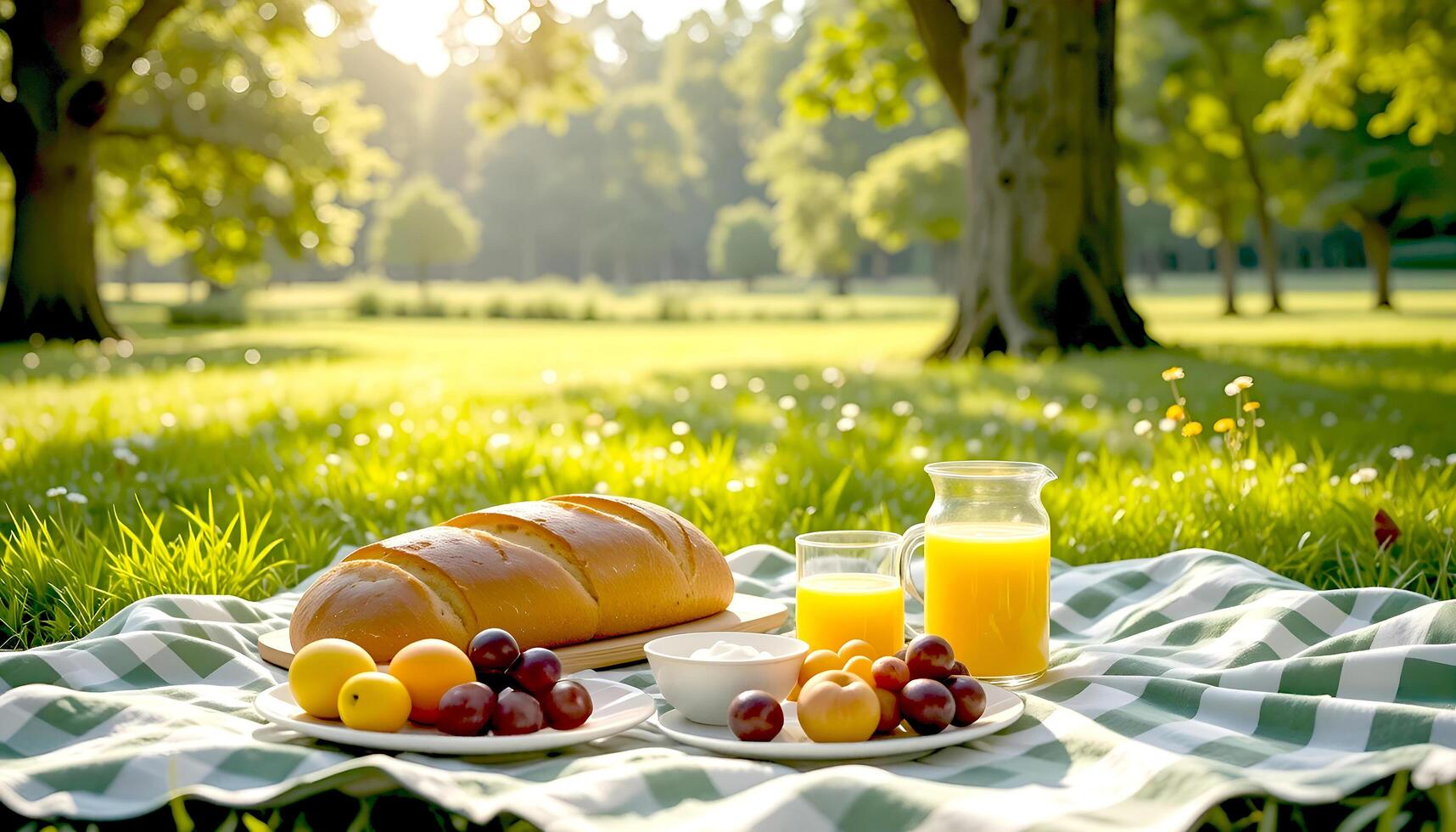 An outdoor picnic scene on a green and white gingham picnic blanket. photo