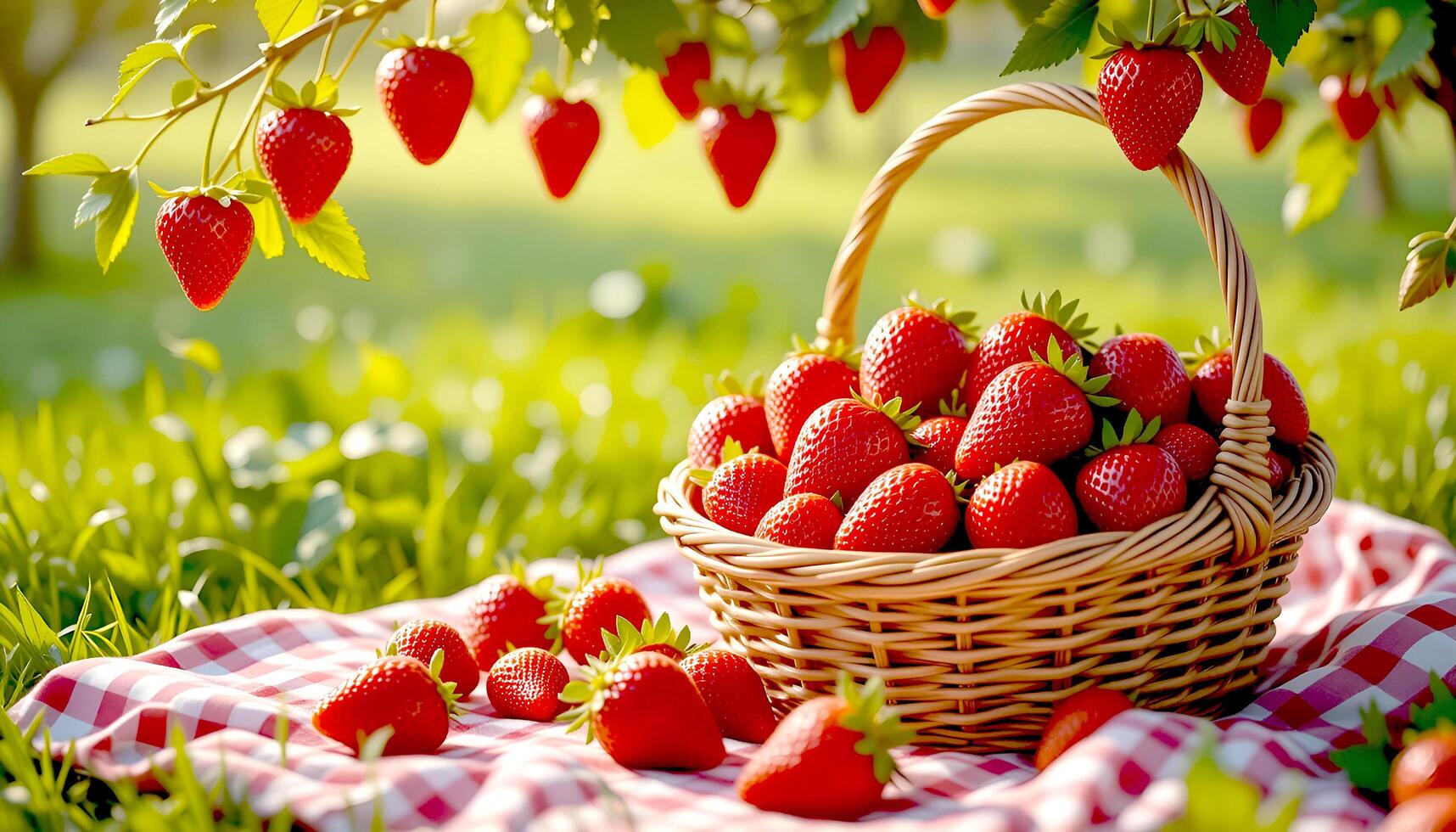 Fresh strawberries placed on a gingham picnic and basket, with blurry green field of grass background. photo