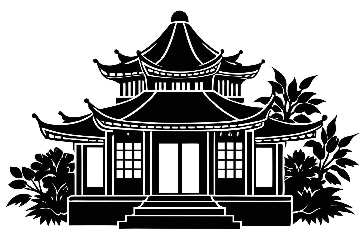 A black and White Silhouette of a Traditional Chinese Pagoda vector