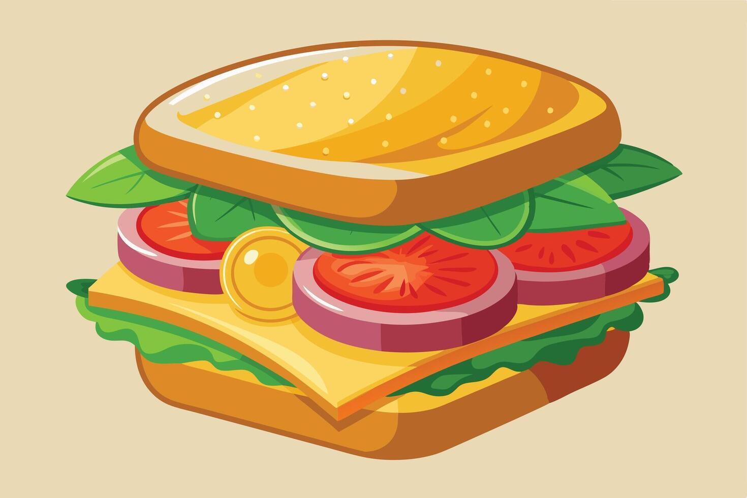 Deliciously illustrated sandwich with cheese, tomato, and onion. vector