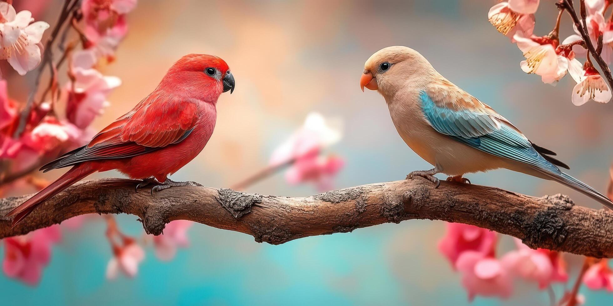 Two colorful birds sitting on a branch with pink flowers photo