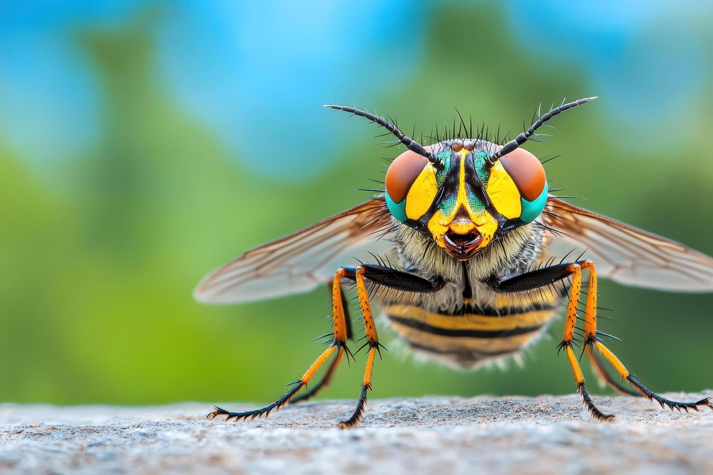 A close up of a bee with a yellow and black face photo
