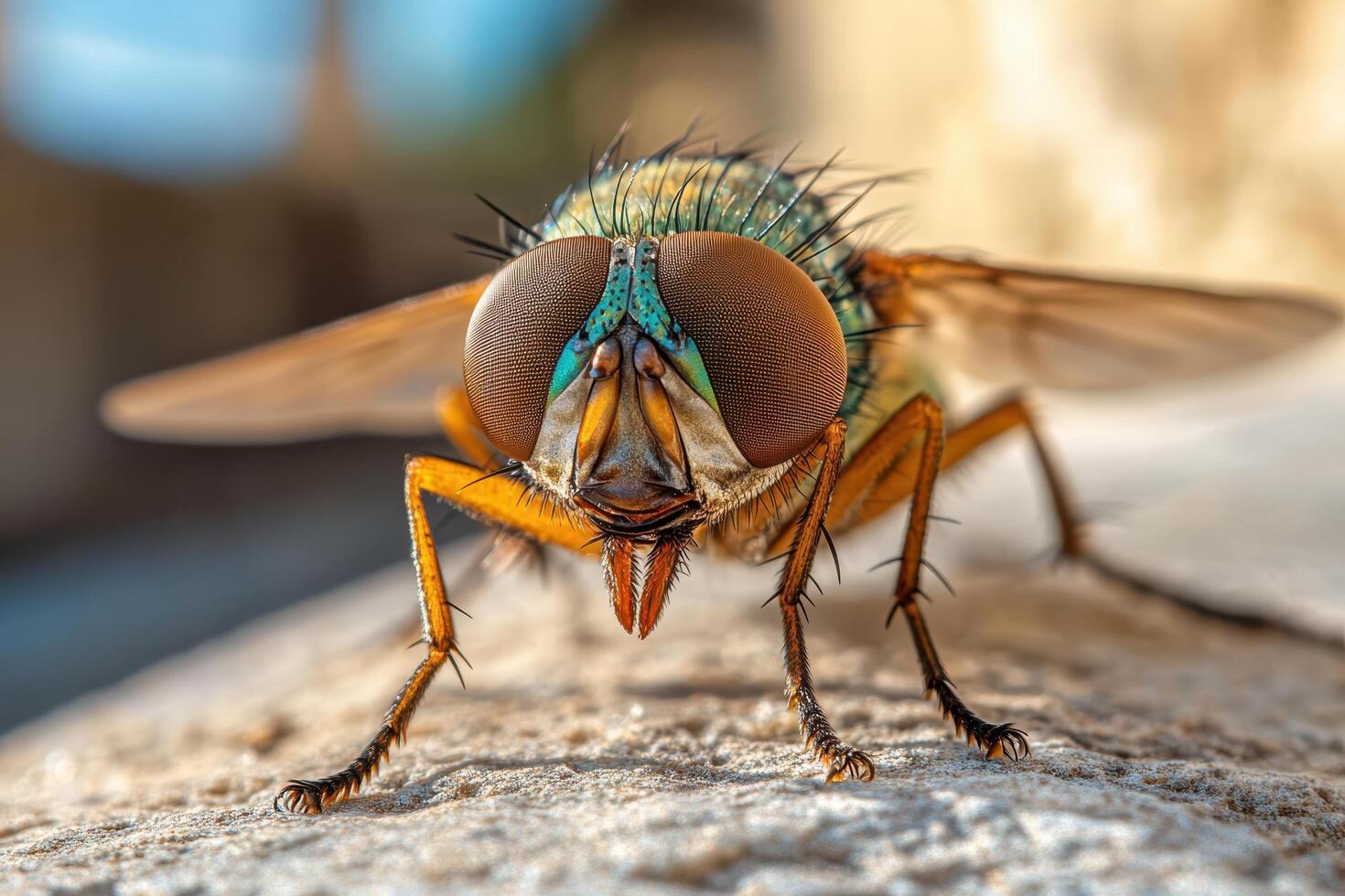 A fly with a big blue and green face photo