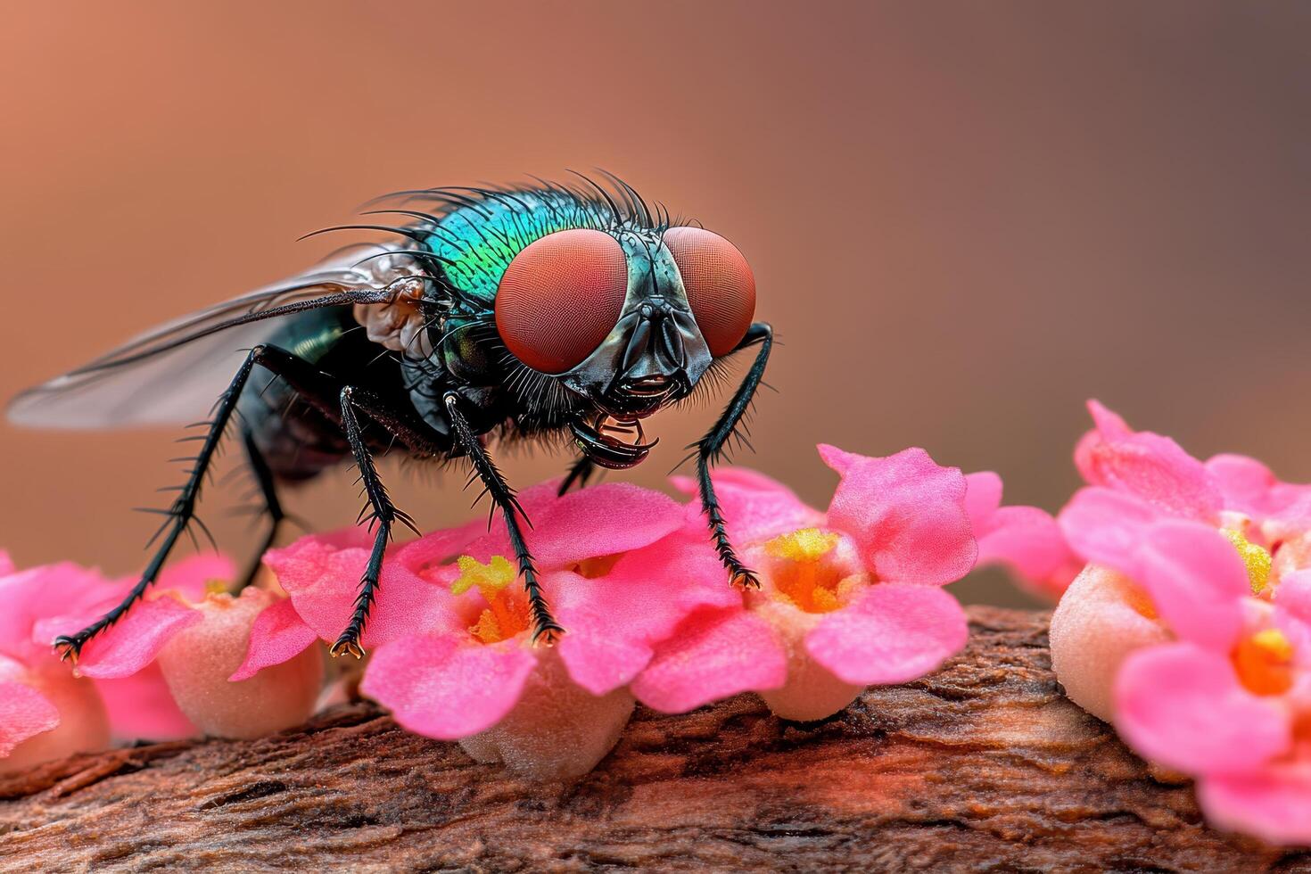 A fly with red eyes sitting on a pink flower photo