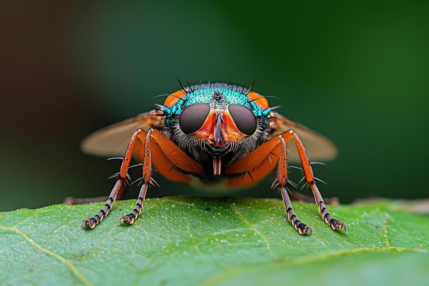 A fly with a colorful face sitting on a leaf photo