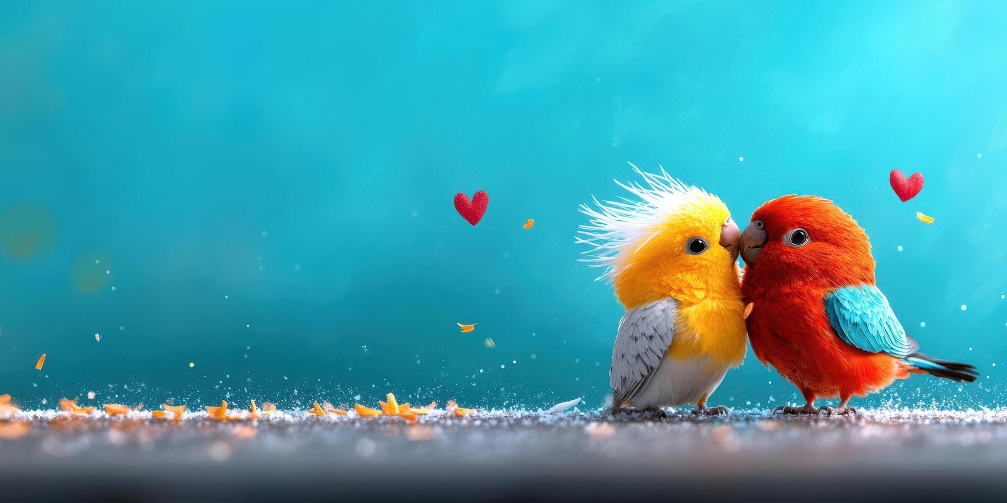 Two colorful birds are kissing on the ground photo
