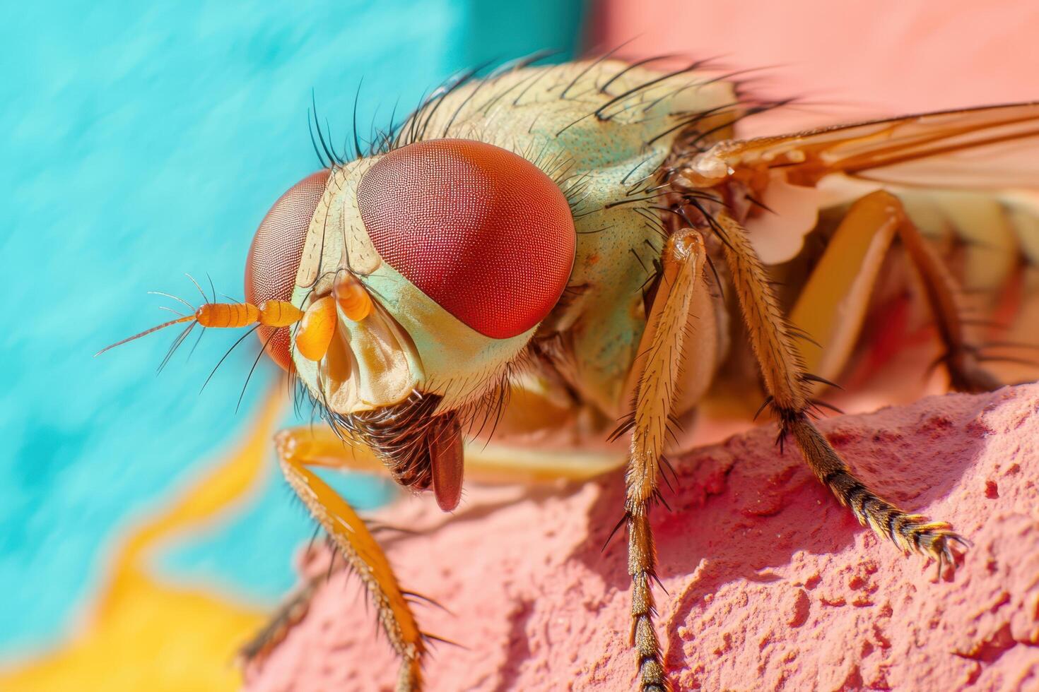 A fly with a red eye sitting on a wall photo