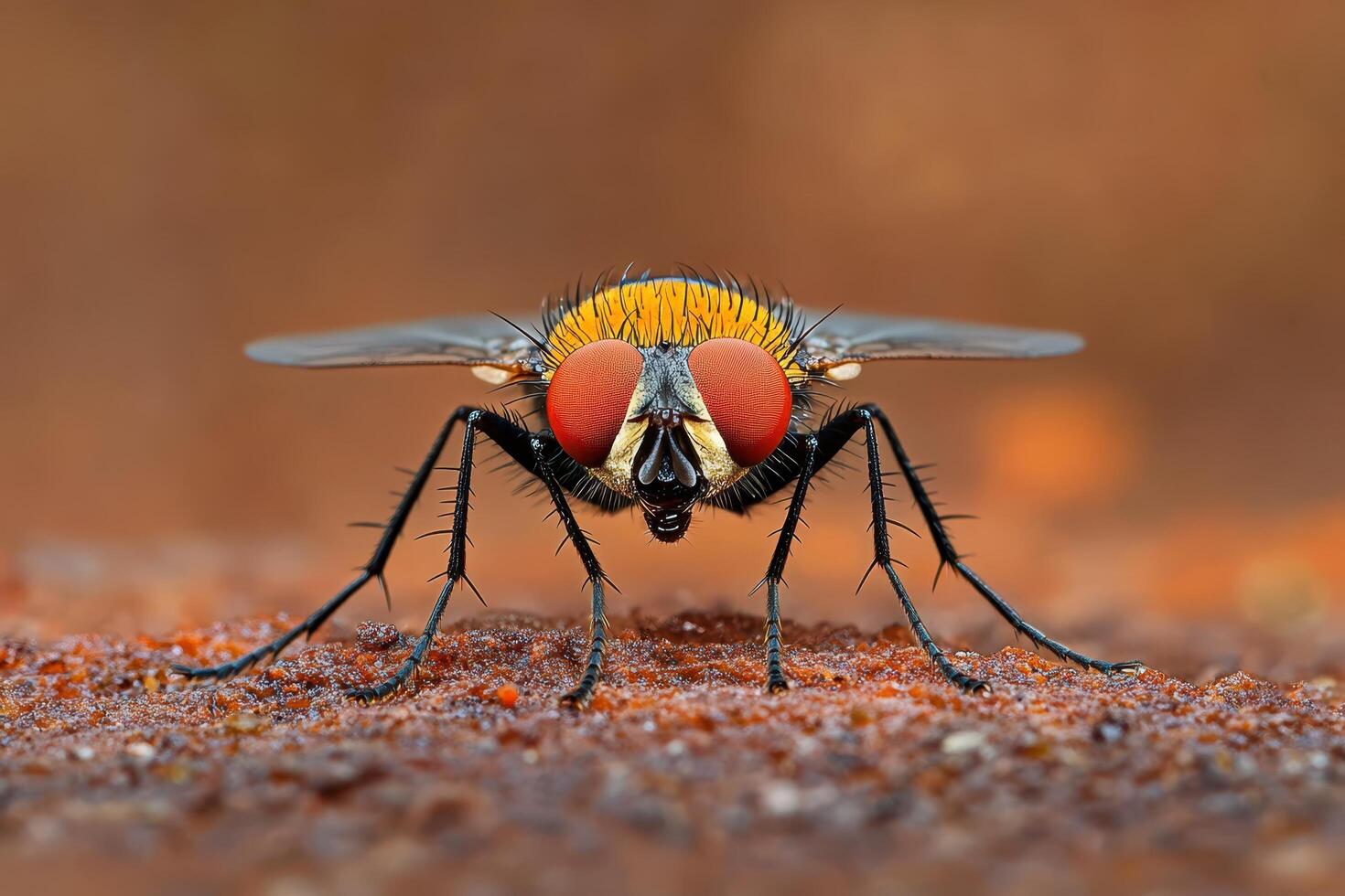 A fly with red eyes sitting on a brown surface photo