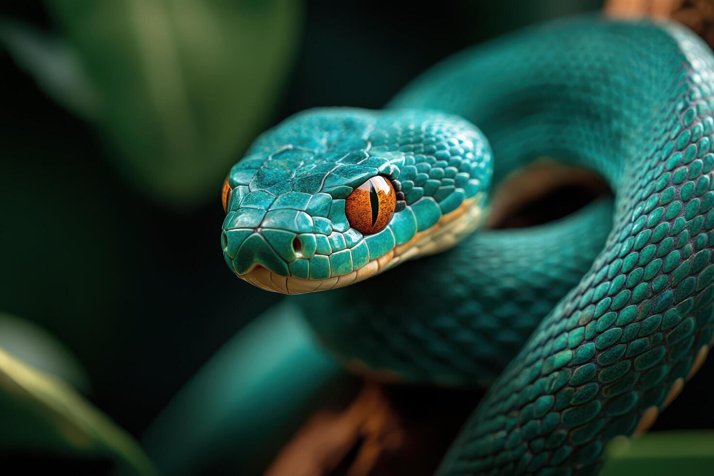 A close up of a green snake with bright red eyes photo