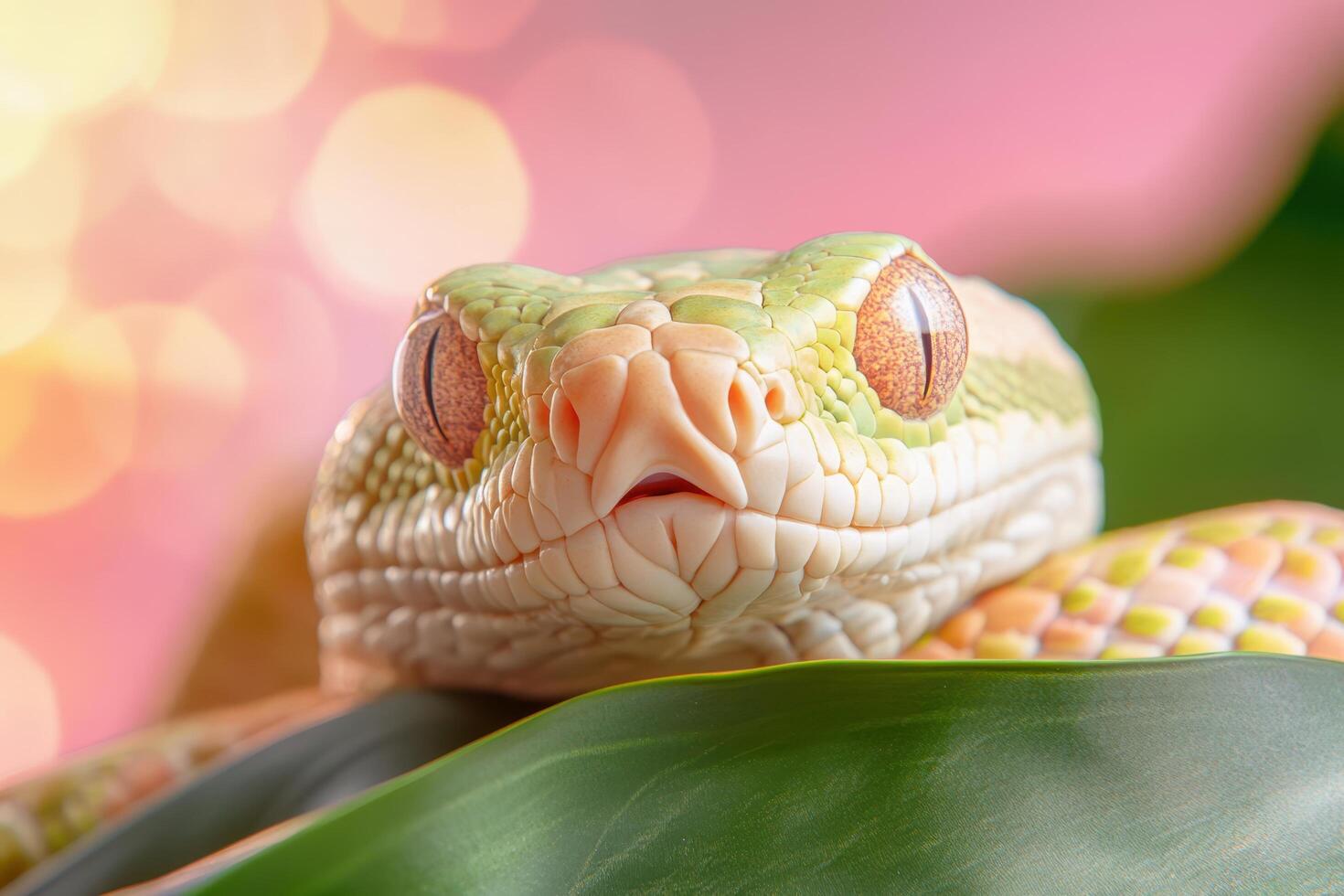 A close up of a snake with bright pink background photo
