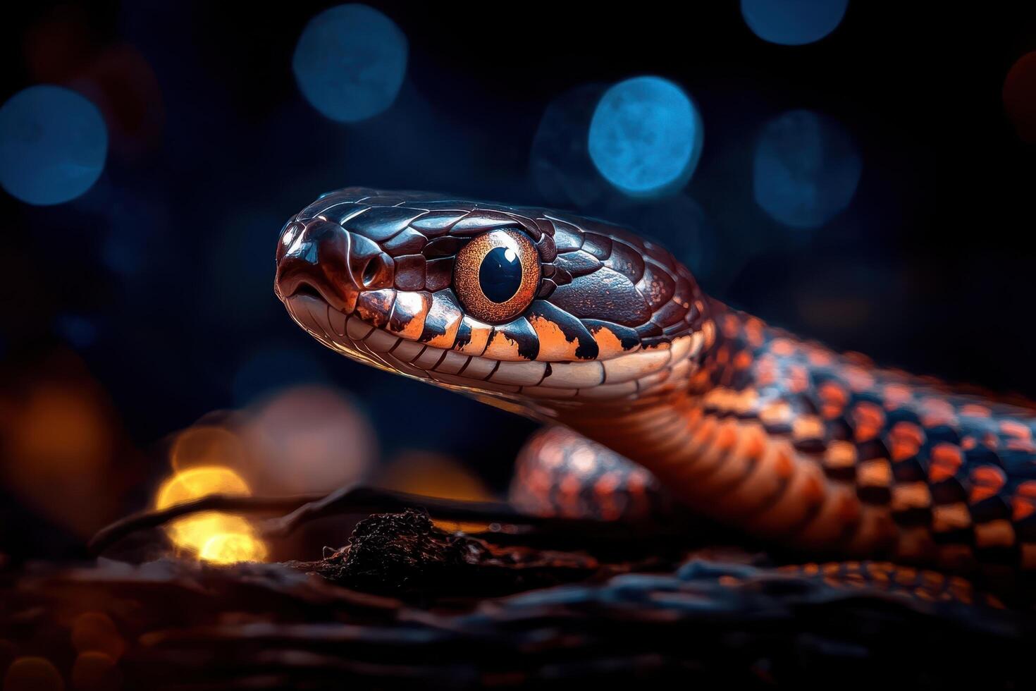 A snake with bright lights in the background photo