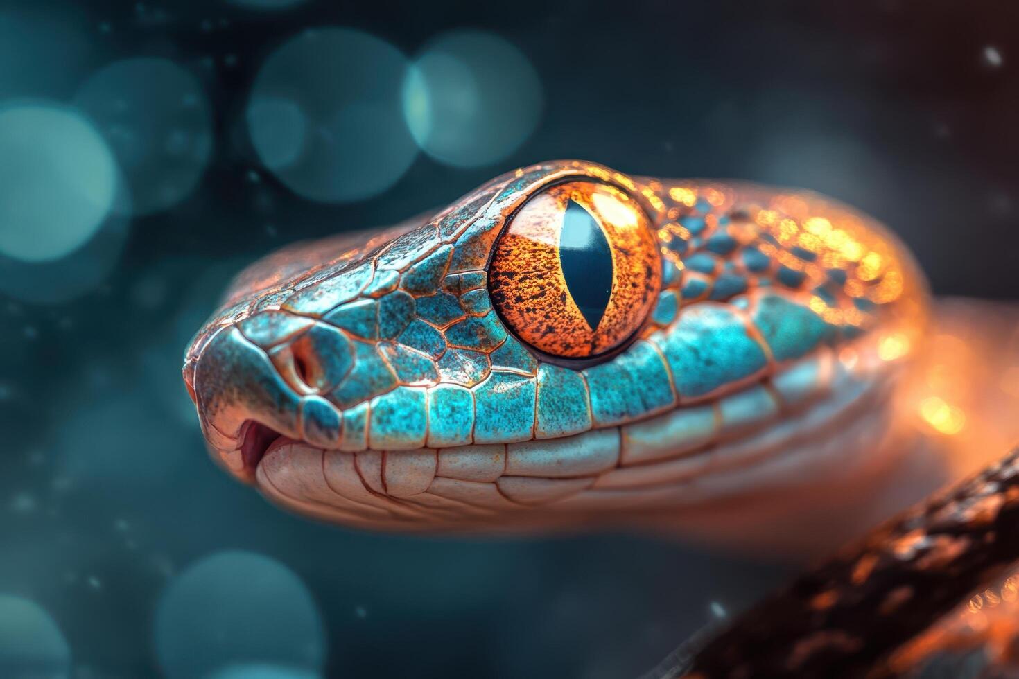 A close up of a snake with bright eyes photo