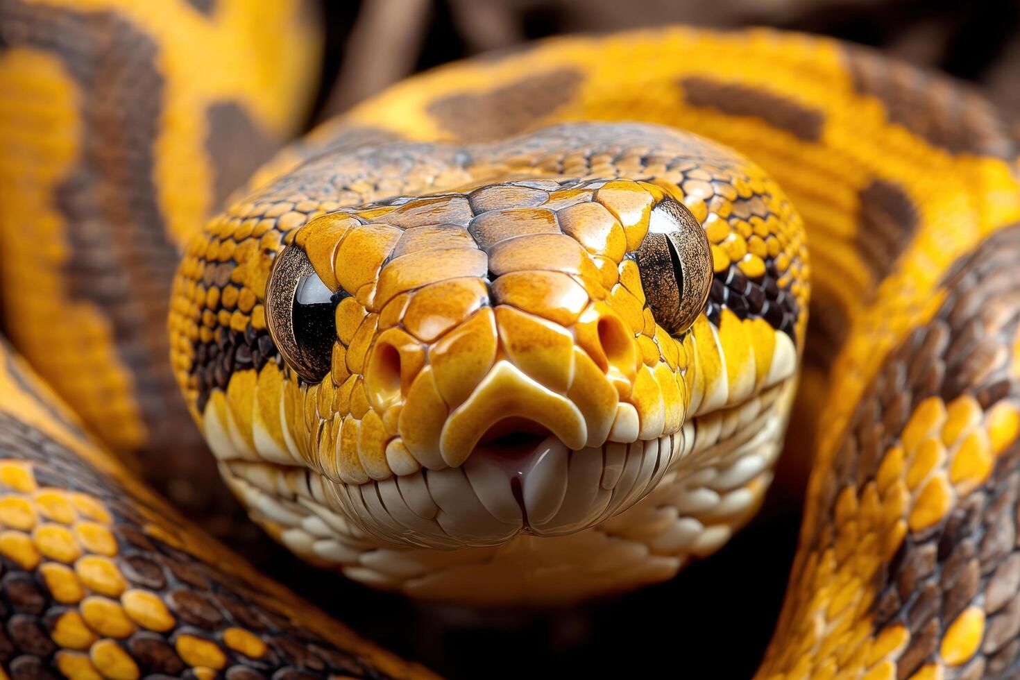 A close up of a yellow and black snake photo