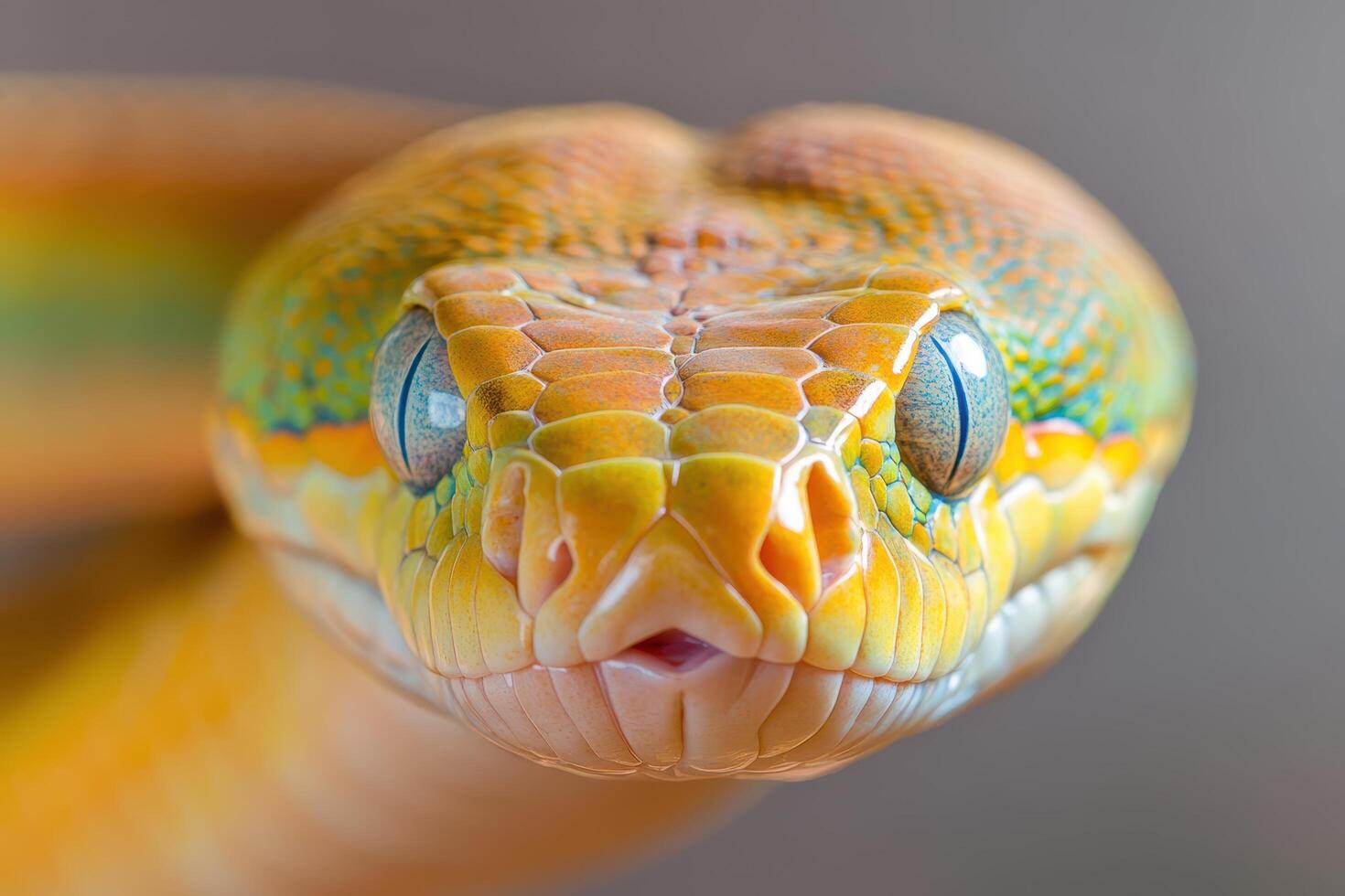 A close up of a yellow snake with blue eyes photo