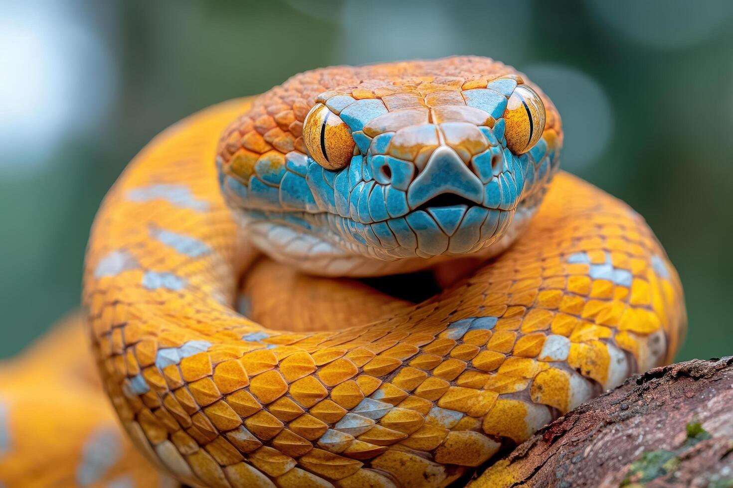 A close up of a snake with blue and orange colors photo